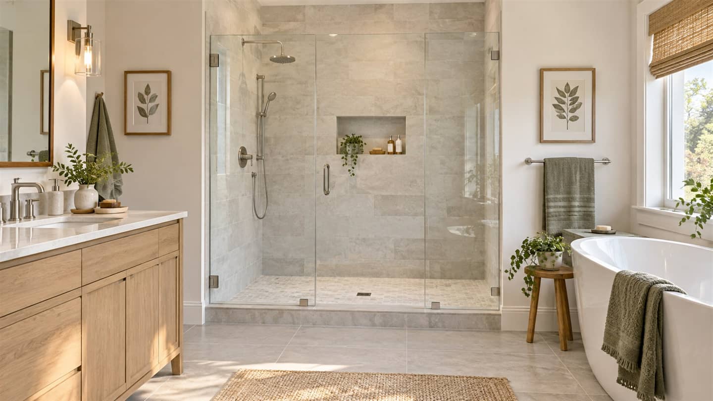Modern remodeled bathroom with a walk-in glass shower and soaking tub